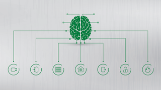 All unsere Produktbereiche (ersichtlich über die Icons), die mit dem Sicherheitsmanagementsystem verbunden werden können, sind mit einem Gehirn verbunden, welches für unser intelligentes Sicherheitsmanagementsystem steht.